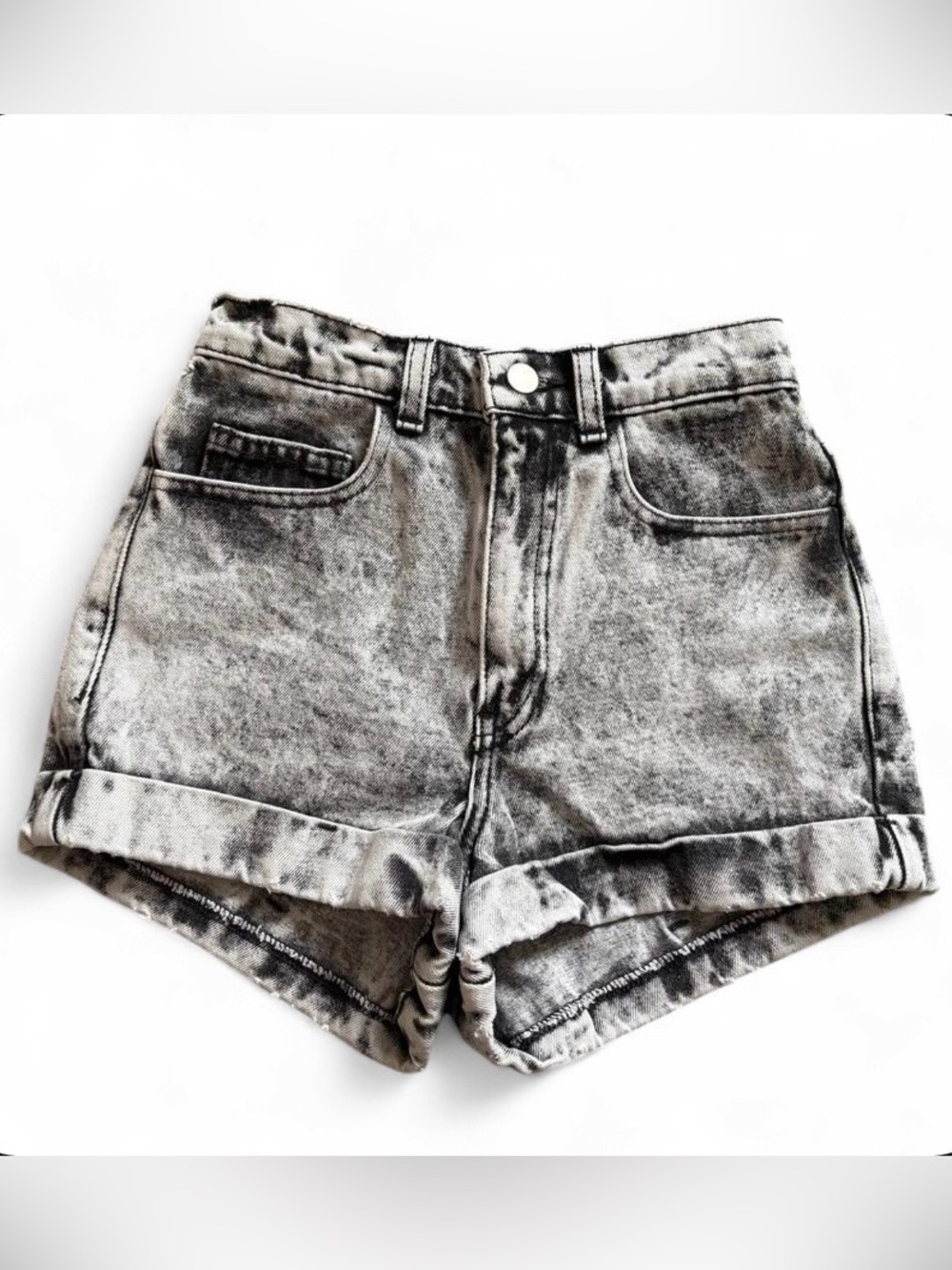 American Apparel High Waisted Acid Wash Denim Shorts Gray Black Cuffed